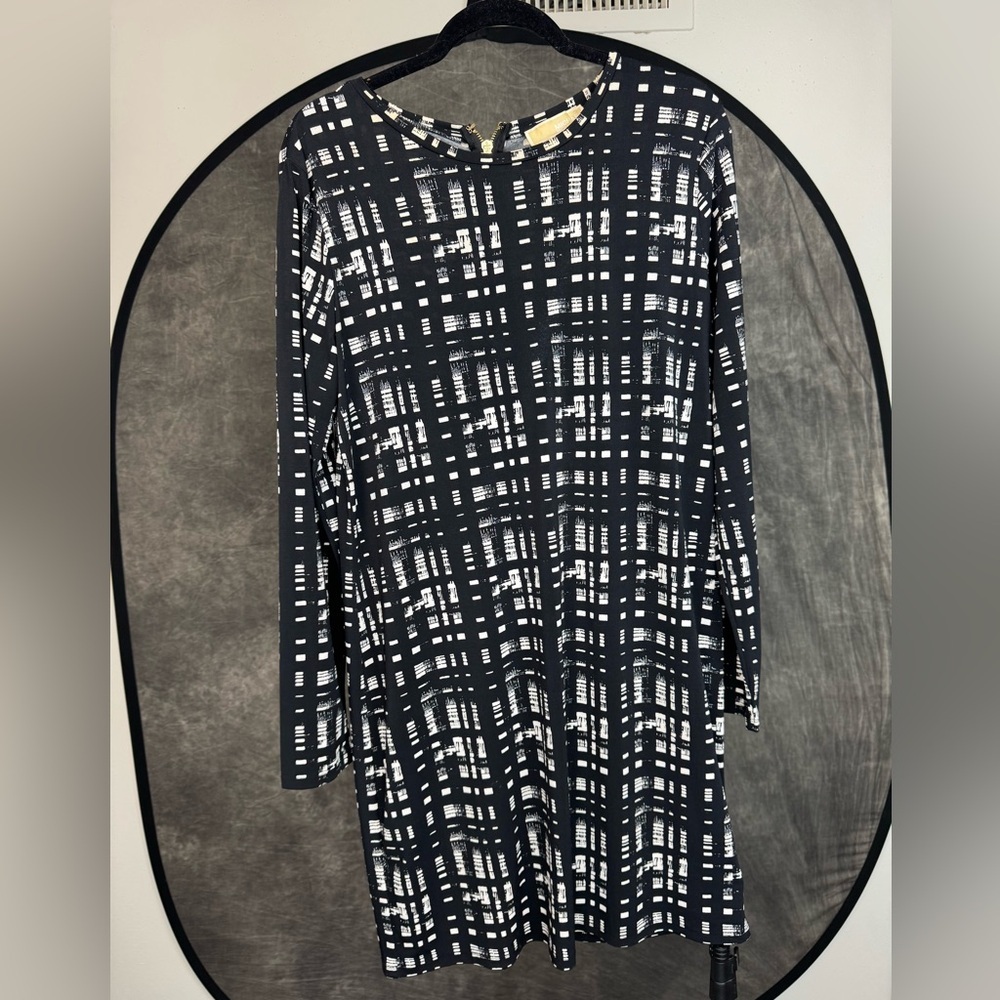 Michael Kors | Black White Abstract Print Dress | Gold Zip | Size L